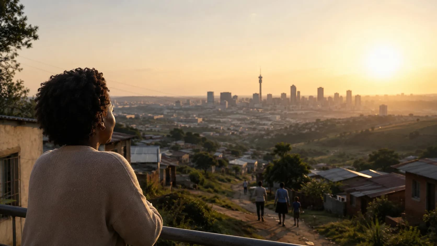 A woman looking out over a township toward the Johannesburg skyline at sunrise