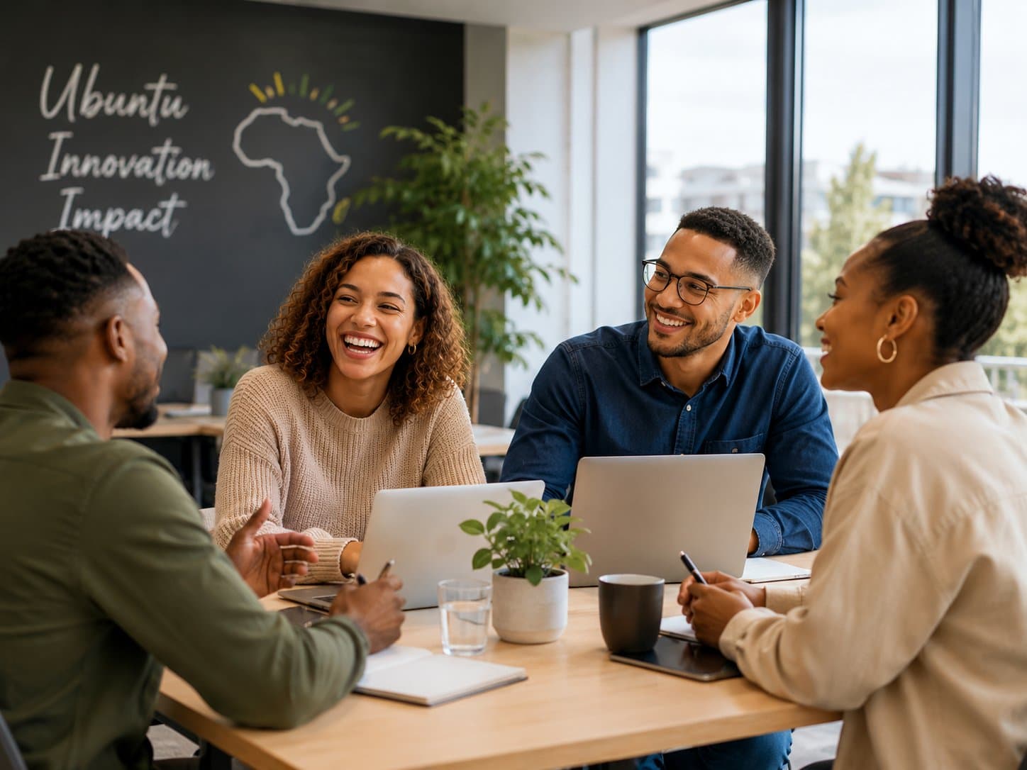 A team laughing together around a table at work