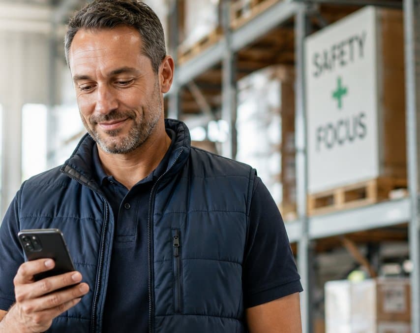 A manager checking their phone on the warehouse floor