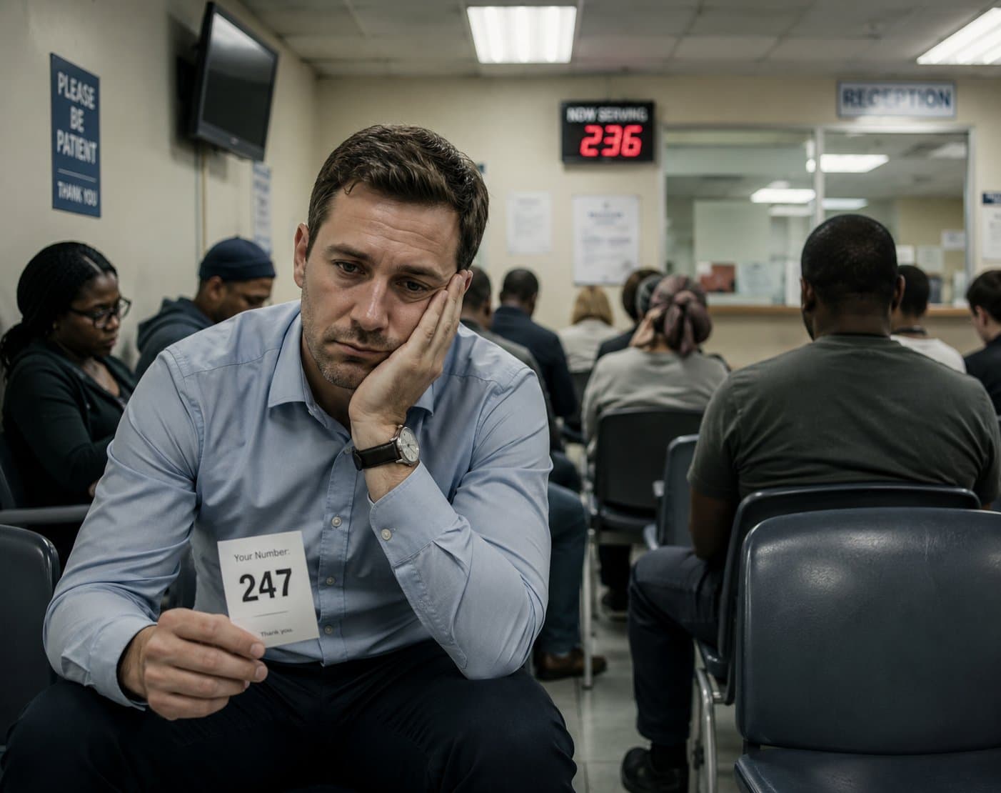 An employee holding a ticket number in a crowded clinic waiting room
