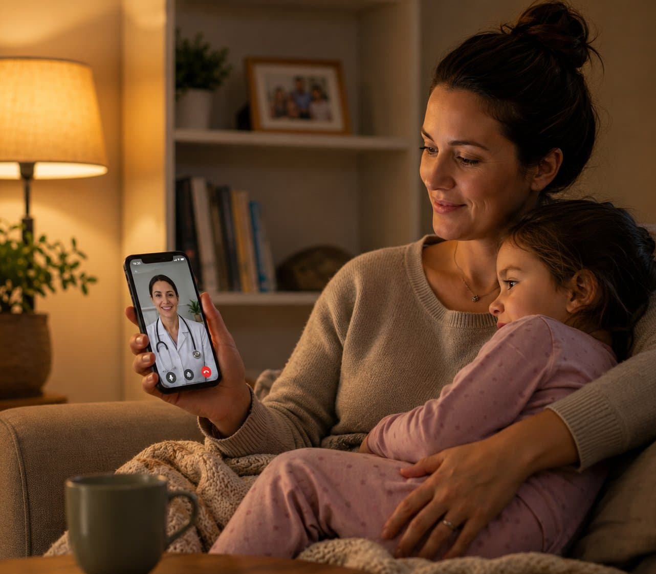A mother with her child on her lap on a video call with a doctor in the evening
