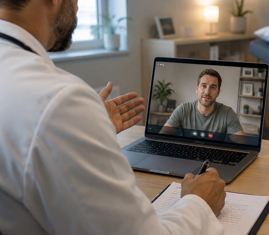 A doctor consulting a patient by video from their consulting room, examination bed behind