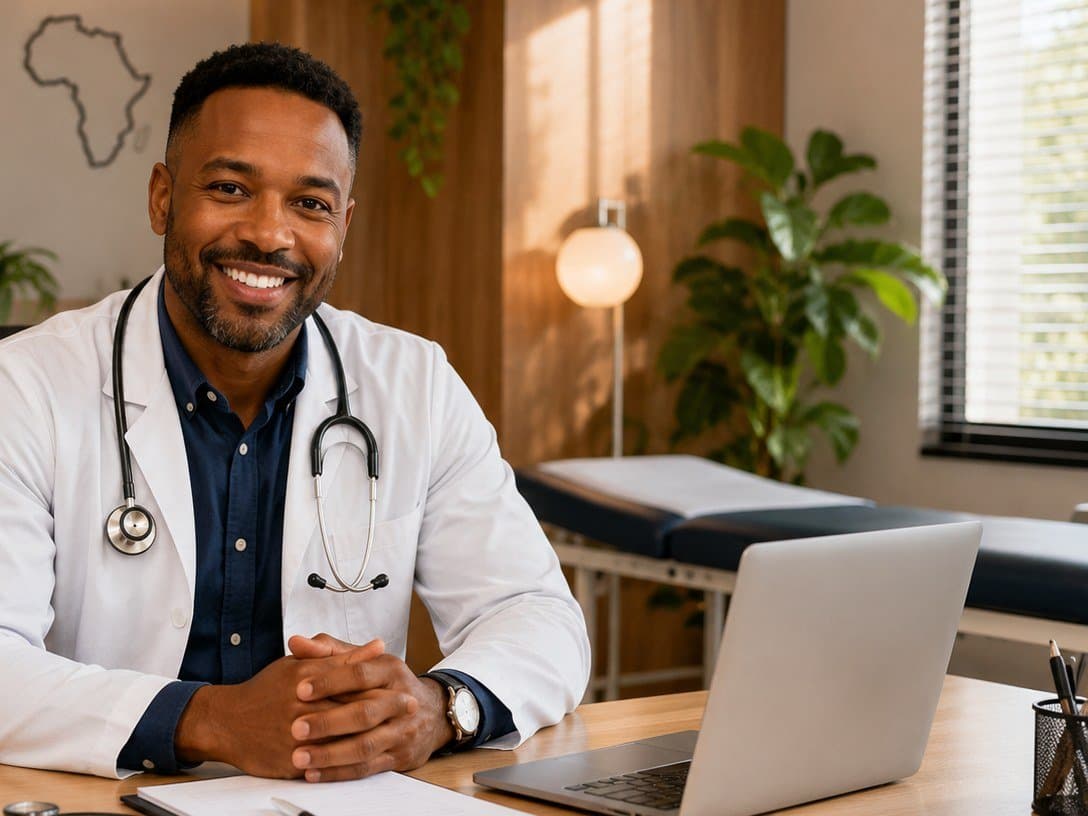 A general practitioner smiling at their consulting-room desk