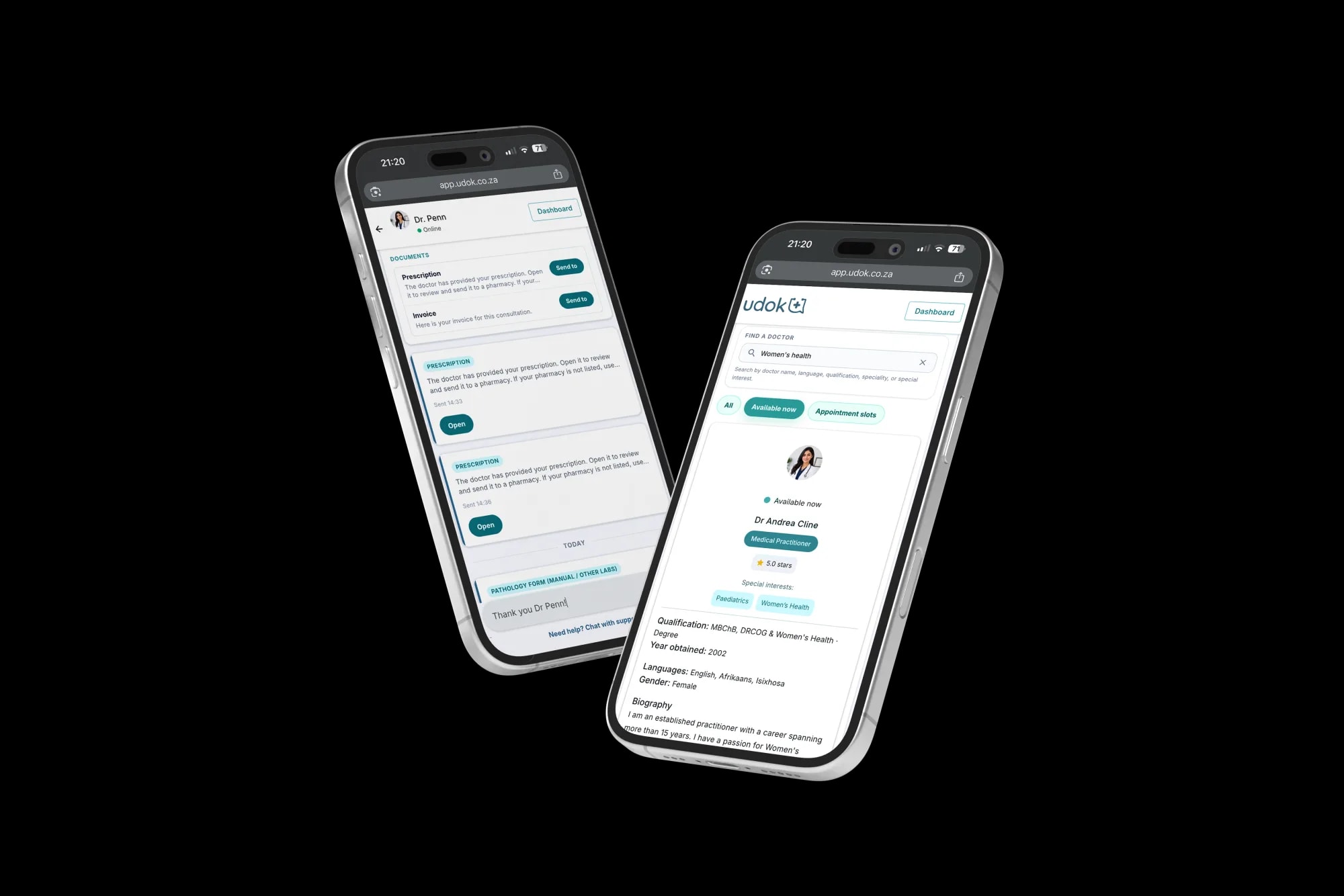Two phones showing Udok: a consult chat where a doctor has sent a prescription, and the find-a-doctor search