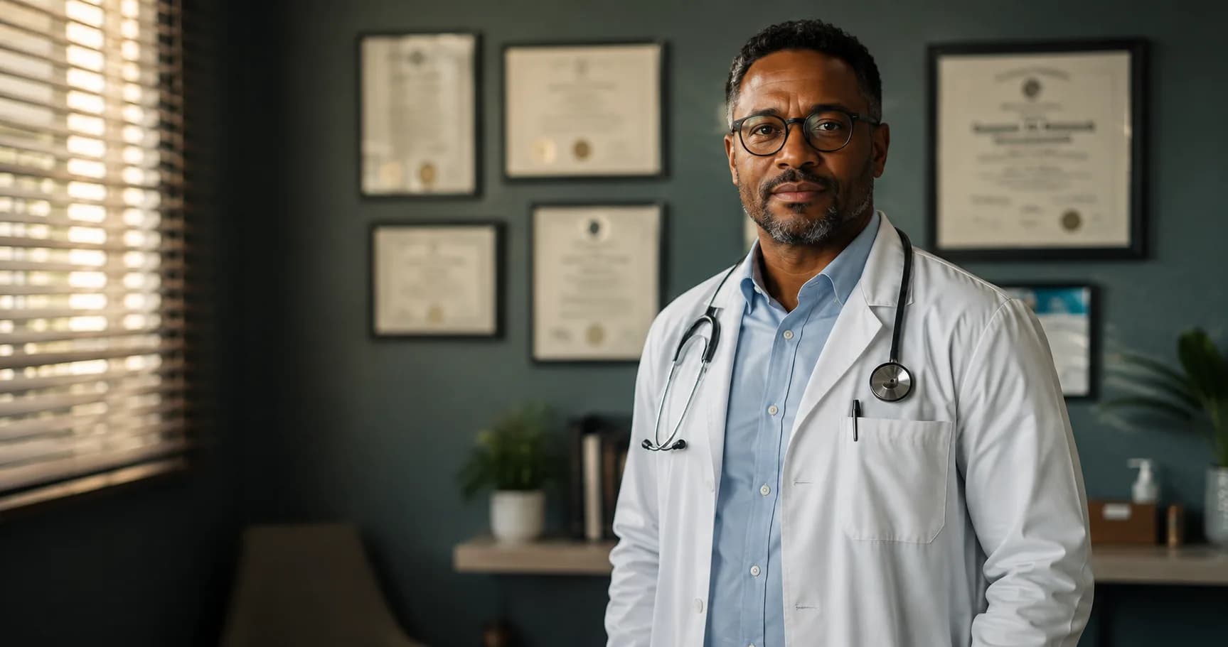 A Udok doctor standing in their practice with framed qualifications on the wall behind them