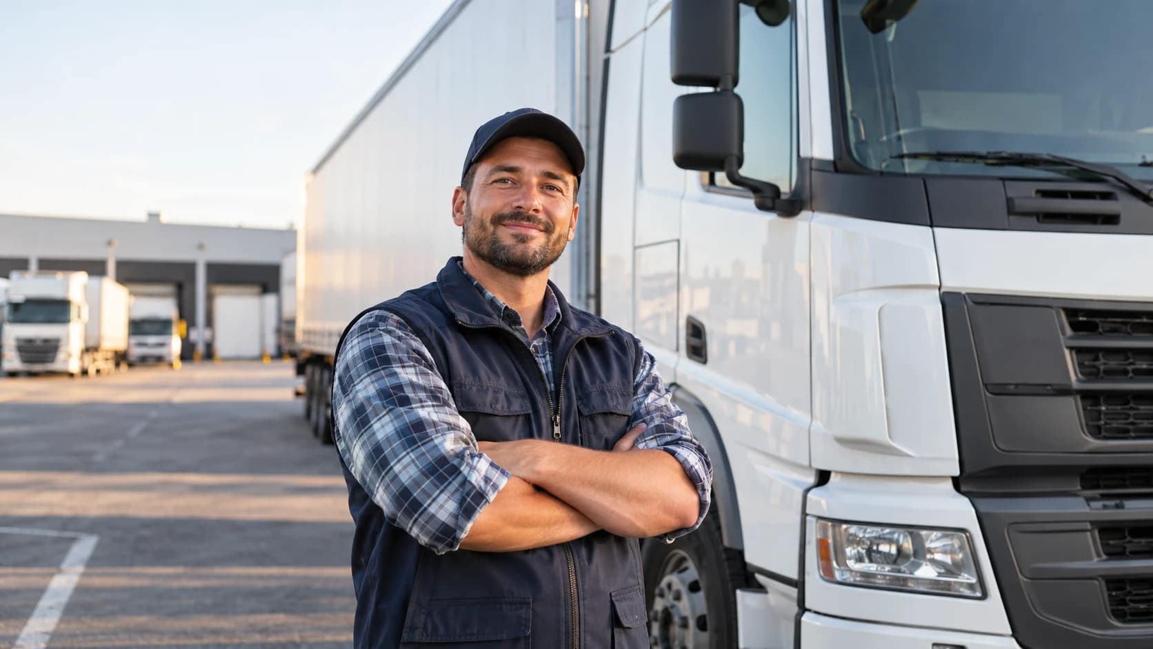 A professional driver standing beside his truck at a depot