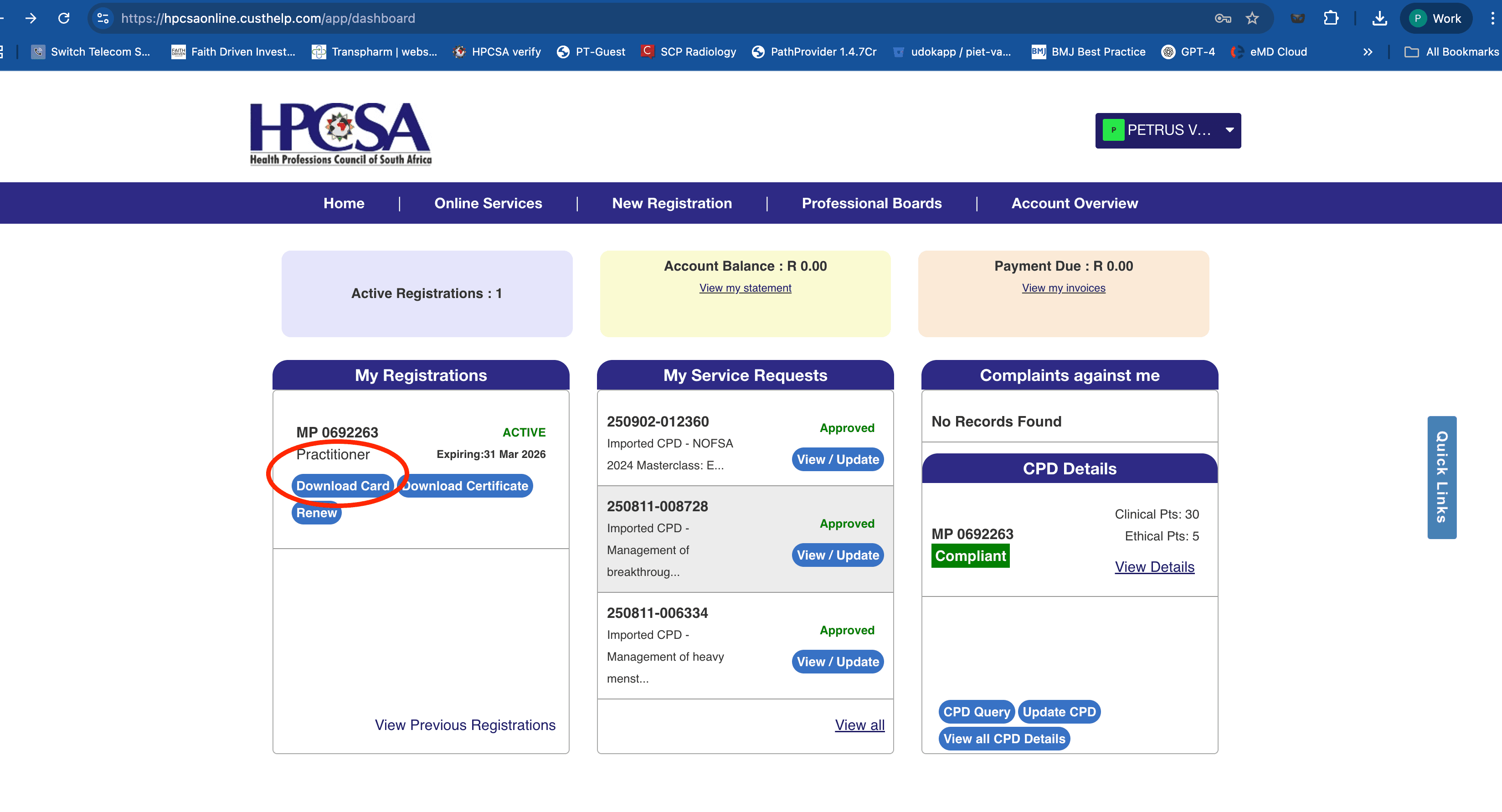 HPCSA portal dashboard with the Download Card button highlighted in My Registrations