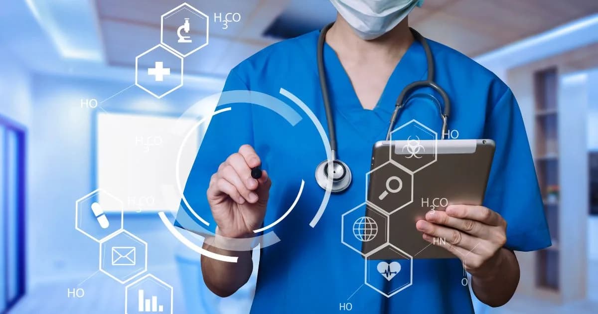 A masked healthcare professional holding a tablet beneath digital medical icons