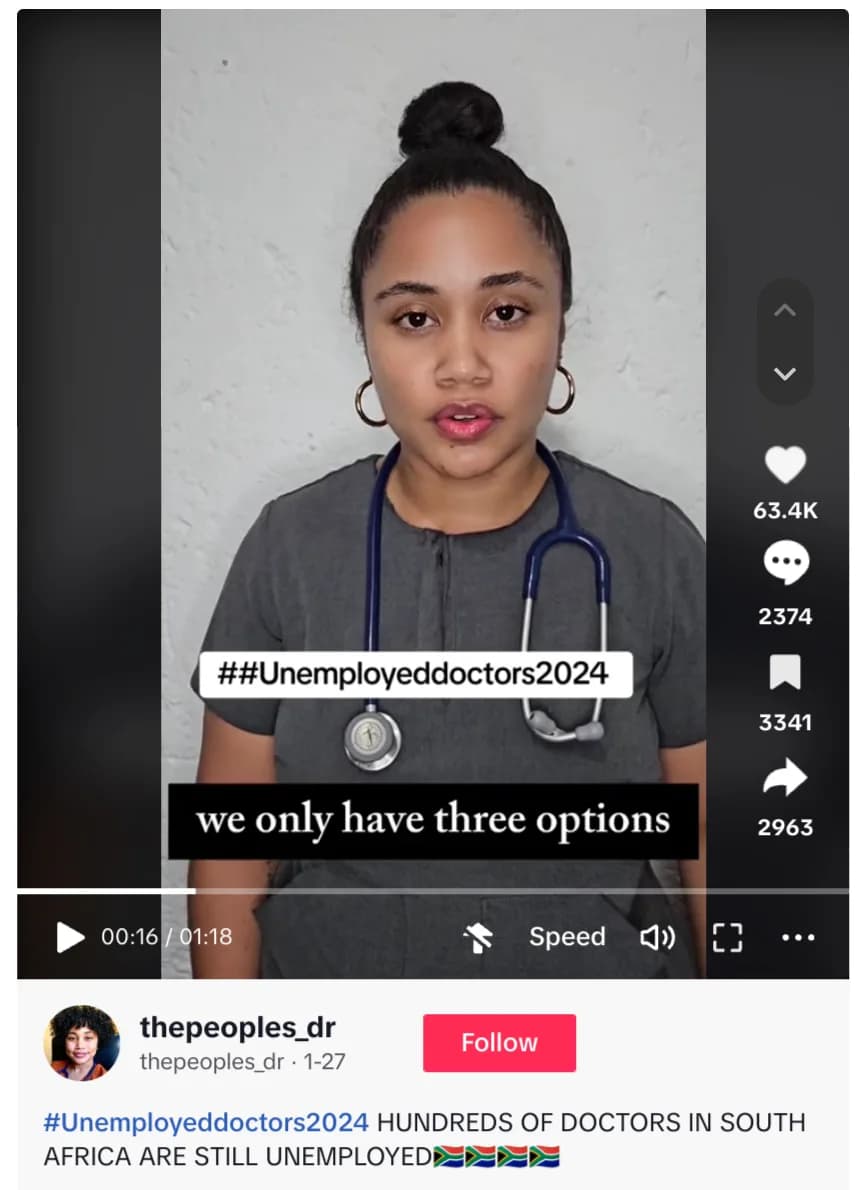 Screenshot of a doctor in a #Unemployeddoctors2024 video stating that hundreds of South African doctors remain unemployed