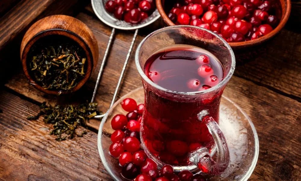 A glass of cranberry tea surrounded by fresh cranberries and loose tea leaves